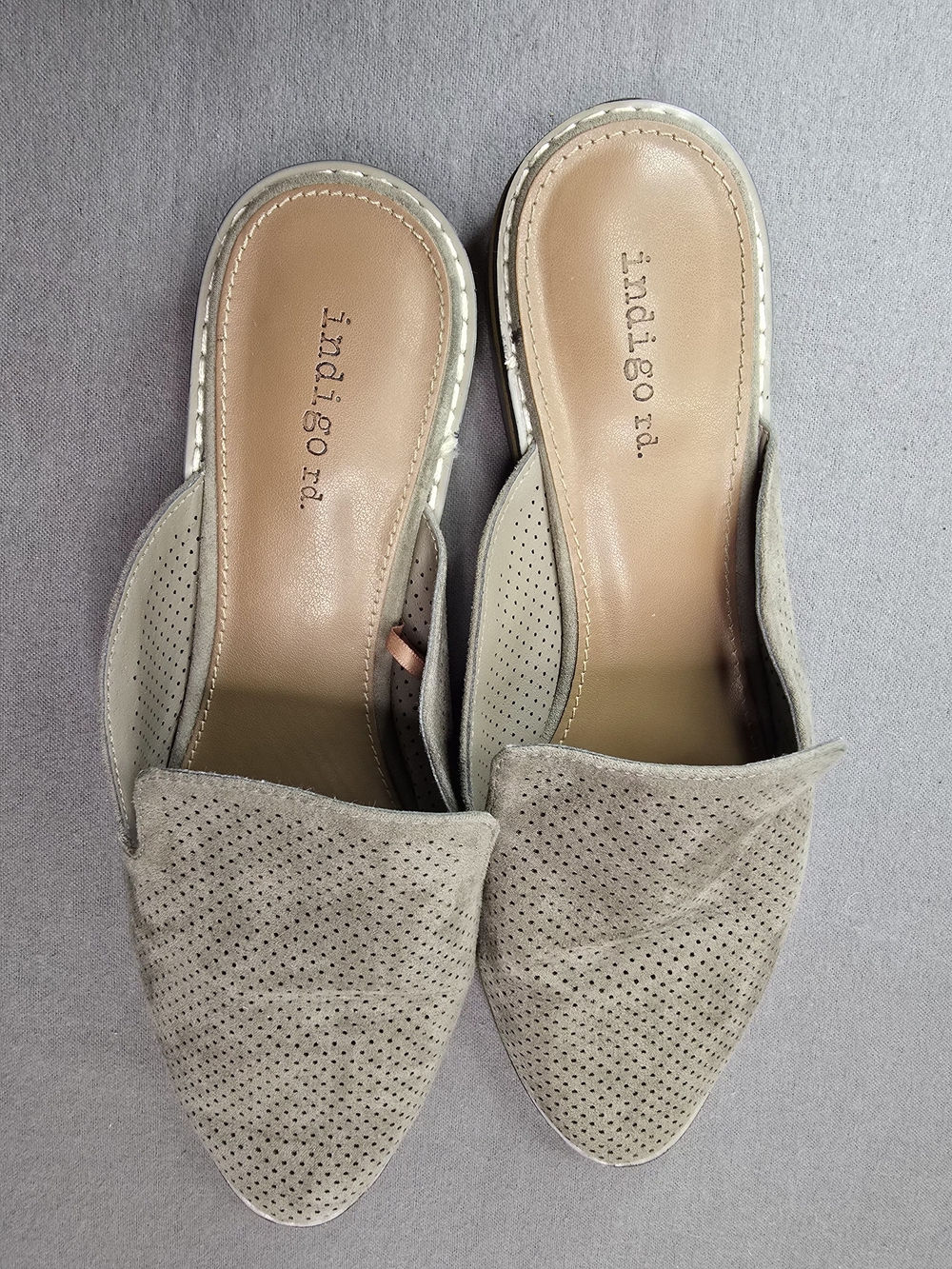 Indigo Taupe Perforated Pointed Toe Slip-On Mules - Picture 2 of 7